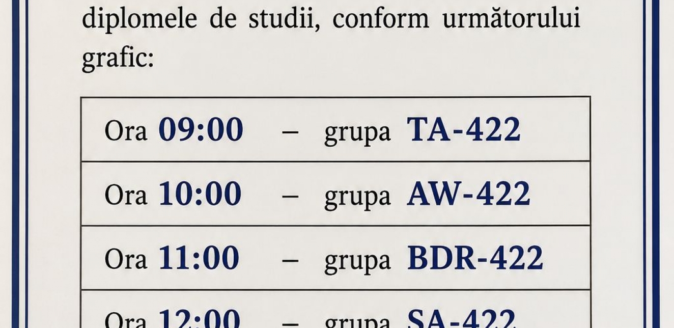 Aviz:Se aduce la cunoștința absolvenților IP Colegiul Tehnic Feroviar din Bălți că,la data de 3 iulie 2026, vor fi eliberate diplomele de studii, conform următorului grafic: